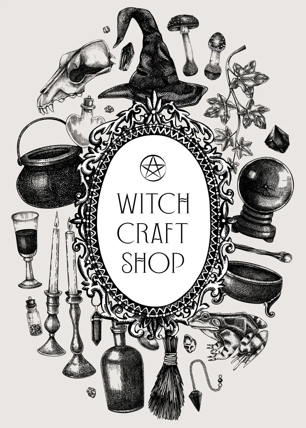Witchcraft banner design. Boho witch frame, banner, flyer. Vinatge Halloween sketches. Hand-drawn vector illustration. NOT AI generated Illustration
